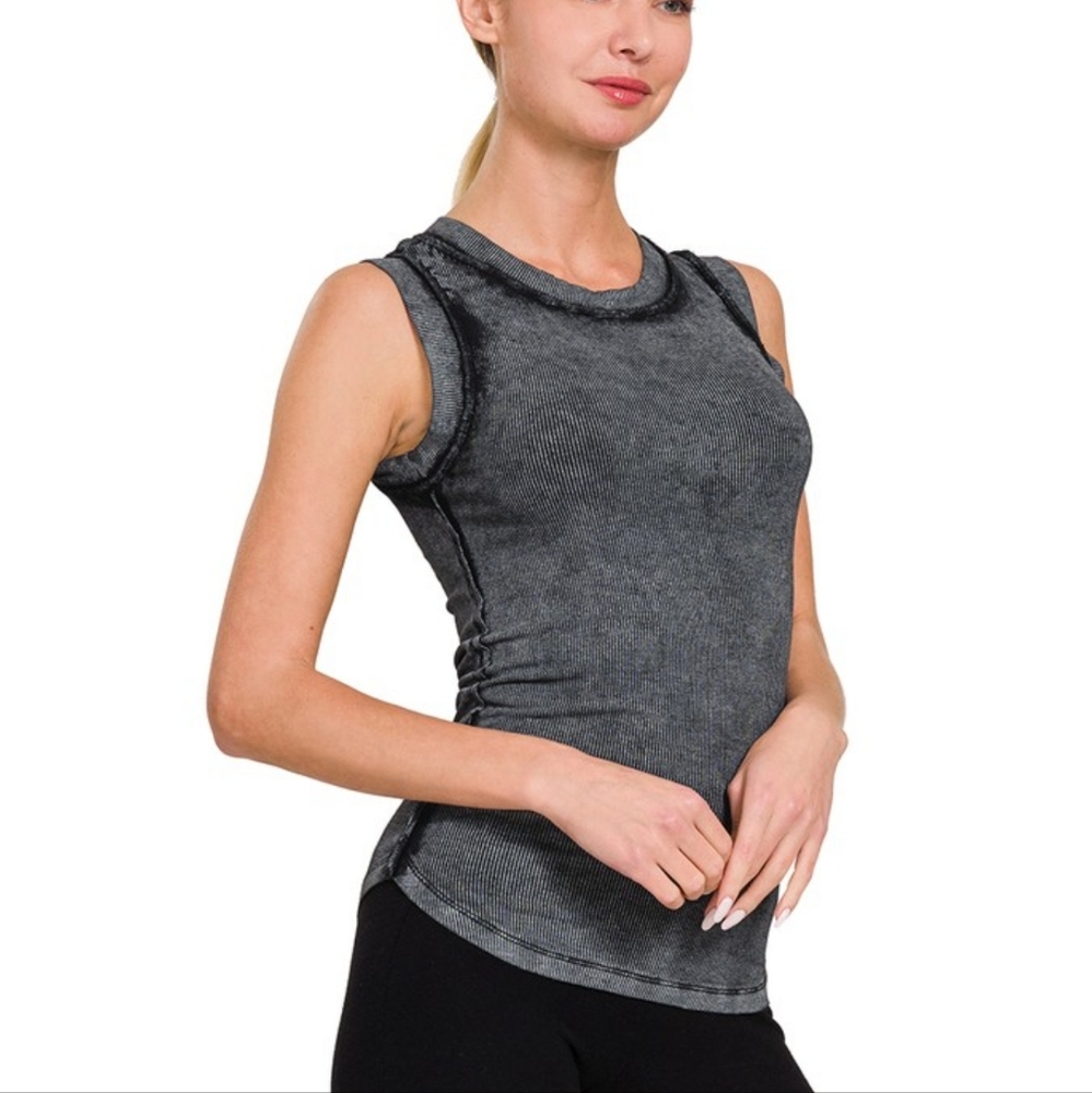 EVE * WASHED RIBBED SCOOP NECK TANK TOP in Ash Black